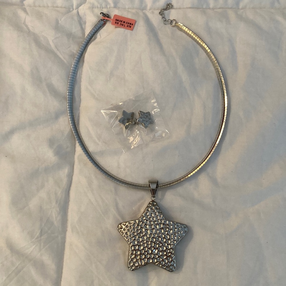 Sterling silver plated snake chain 16” with 2.5”X0.5”  star & earrings